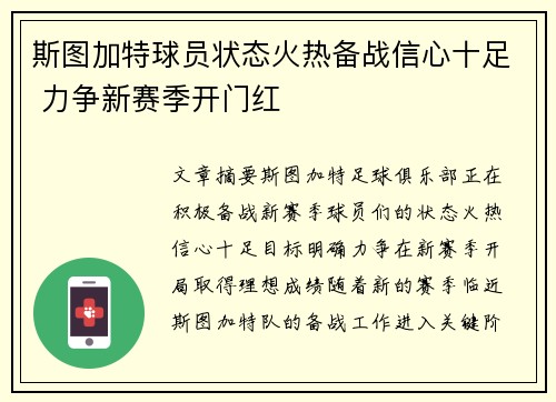斯图加特球员状态火热备战信心十足 力争新赛季开门红