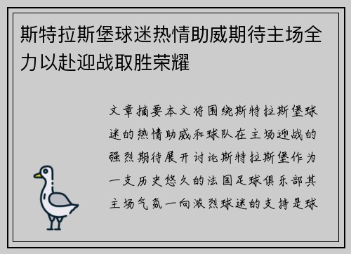 斯特拉斯堡球迷热情助威期待主场全力以赴迎战取胜荣耀