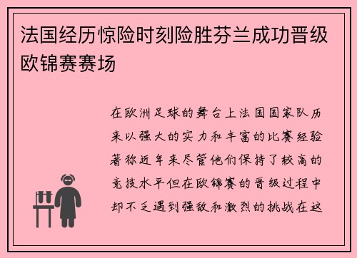 法国经历惊险时刻险胜芬兰成功晋级欧锦赛赛场