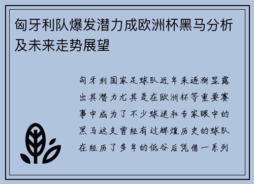 匈牙利队爆发潜力成欧洲杯黑马分析及未来走势展望