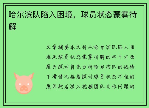 哈尔滨队陷入困境，球员状态蒙雾待解