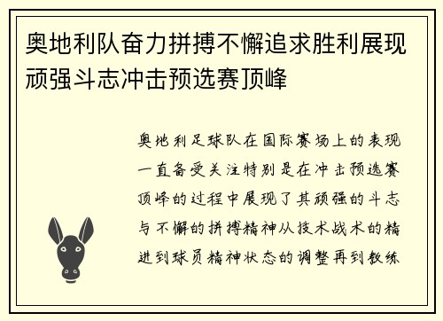 奥地利队奋力拼搏不懈追求胜利展现顽强斗志冲击预选赛顶峰