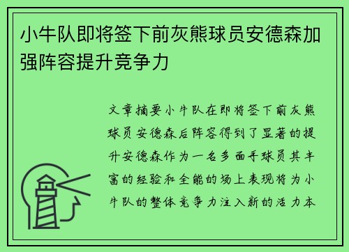 小牛队即将签下前灰熊球员安德森加强阵容提升竞争力