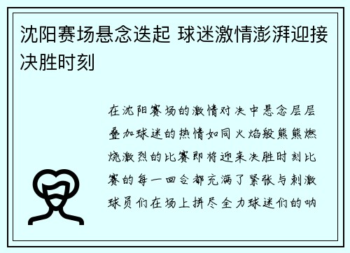 沈阳赛场悬念迭起 球迷激情澎湃迎接决胜时刻